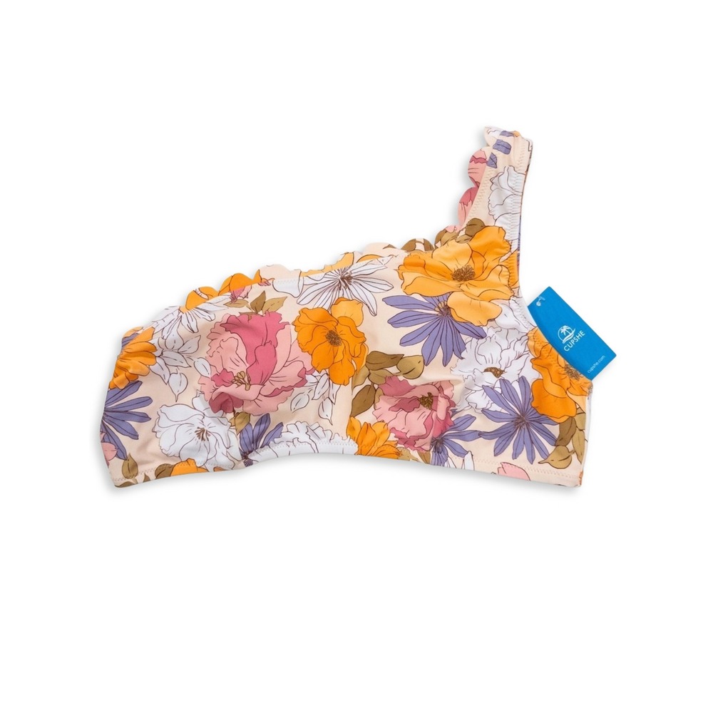 Cupshe Bikini Top Womens S Floral Scalloped One Shoulder Boho Retro Swimwear